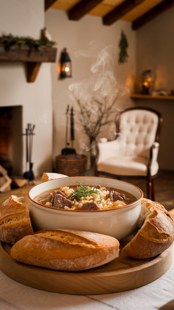 A warm bowl of hearty beef and barley soup with bread on the side.