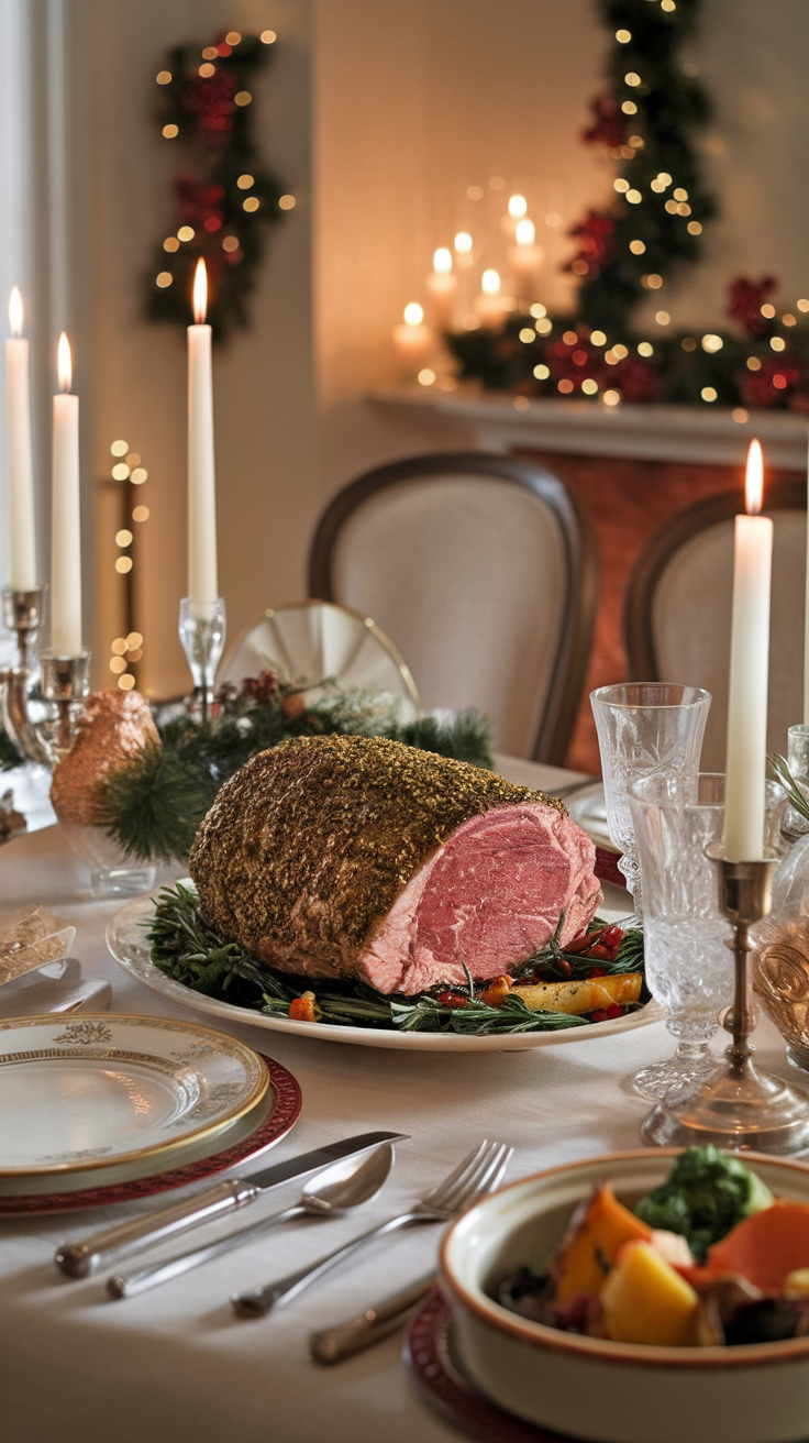 A beautifully presented Herb-Crusted Prime Rib on a festive dinner table.