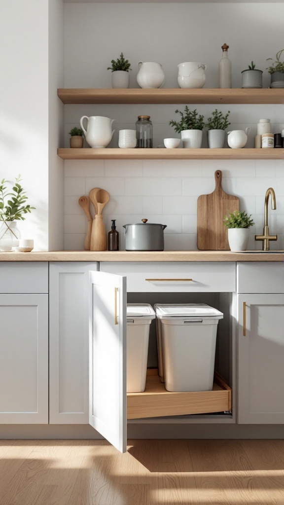 A modern kitchen with hidden trash bins inside a cupboard, showcasing a clean and organized space.