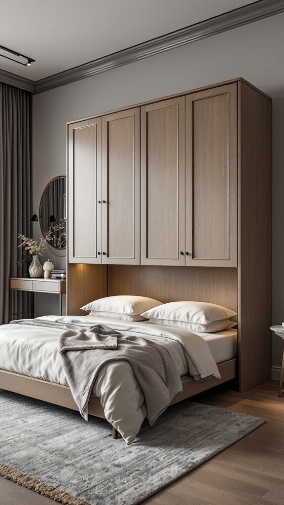A modern hideaway Murphy bed in a guest room, featuring a wooden cabinet that folds down to reveal a cozy bed.