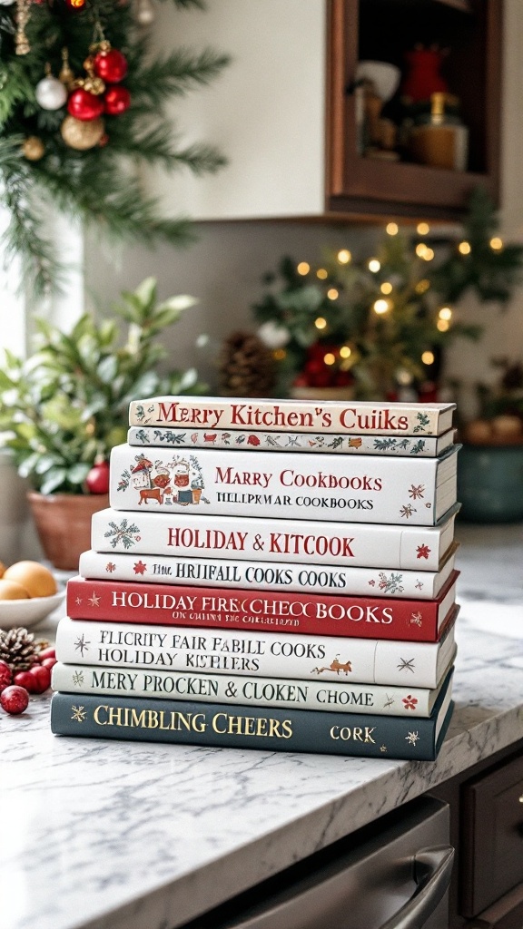 A stack of colorful holiday-themed cookbooks on a marble countertop, surrounded by festive decorations.