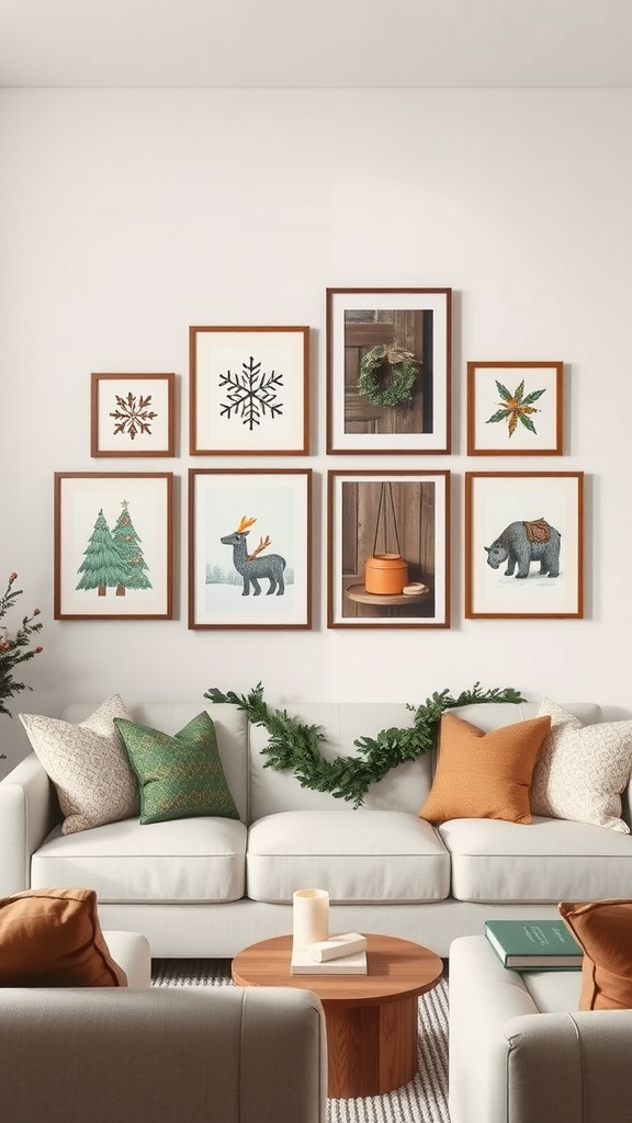 A cozy living room with holiday-themed wall art featuring trees, snowflakes, and animals.