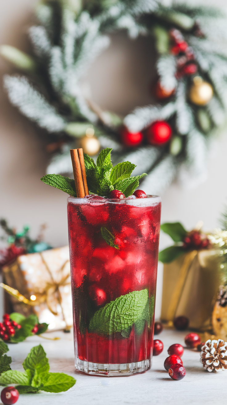 A vibrant Holiday Cranberry Mojito garnished with mint and cinnamon, with a festive wreath in the background.