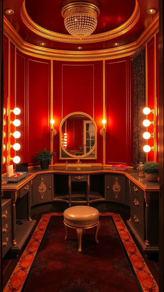 A luxurious vintage dressing room with red walls, gold accents, and elegant lighting.