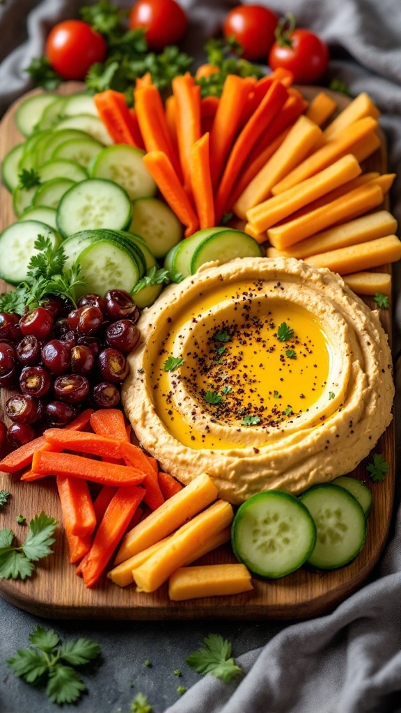A platter of homemade hummus surrounded by colorful veggie sticks.