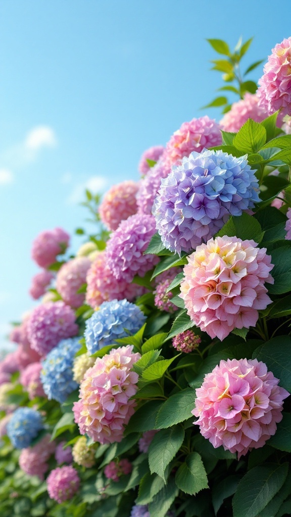 A vibrant hydrangea hedge featuring pink, blue, and purple blooms against a clear blue sky.