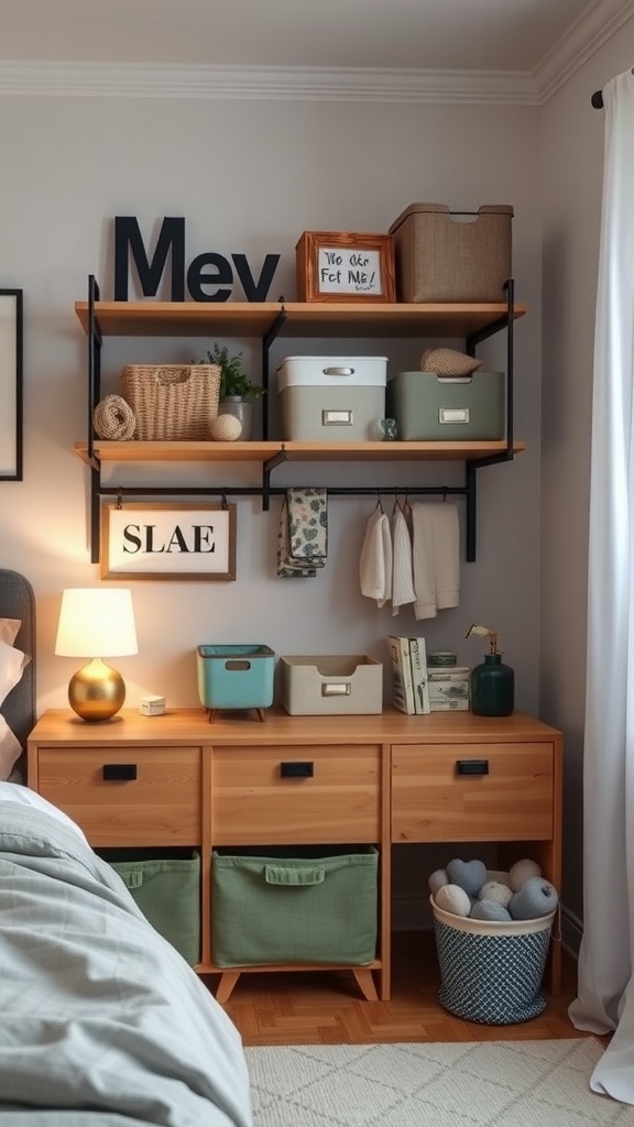 A well-organized bedroom with shelves and storage boxes