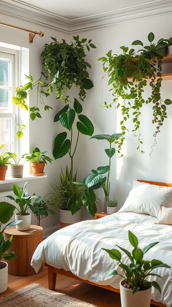 Bright and cozy bedroom filled with various houseplants, featuring a bed and natural light.