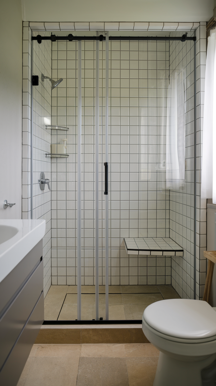 A modern walk-in shower with glass doors, tiled walls, and a built-in bench.