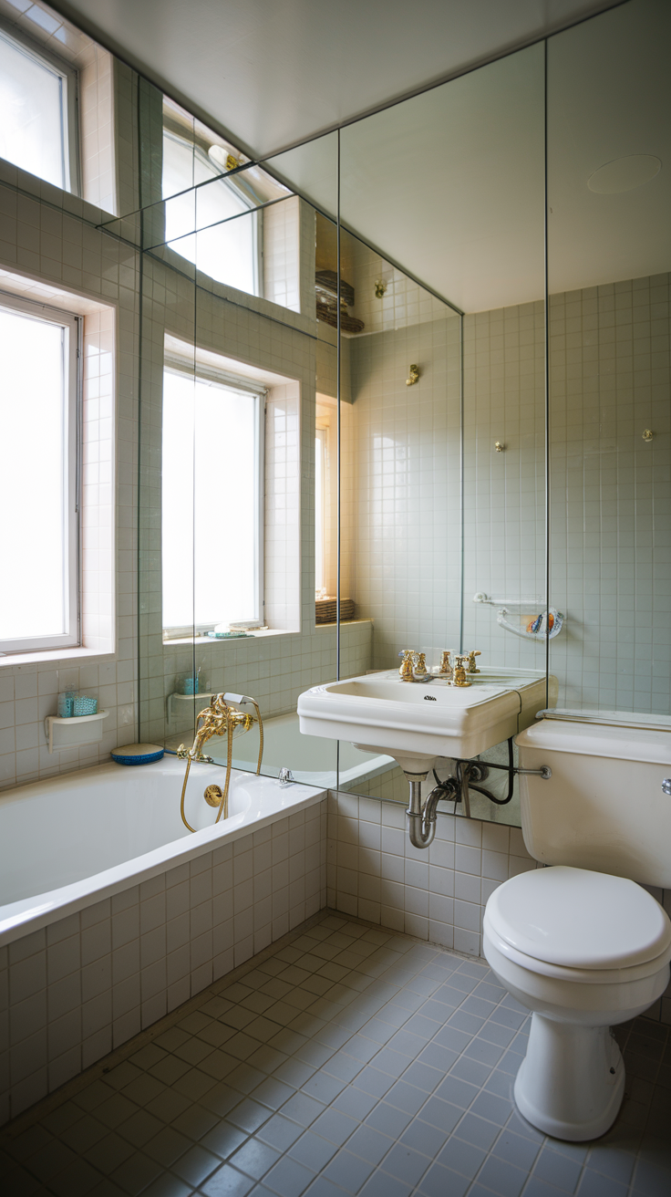 A bathroom featuring large mirrors that enhance the sense of space and light.