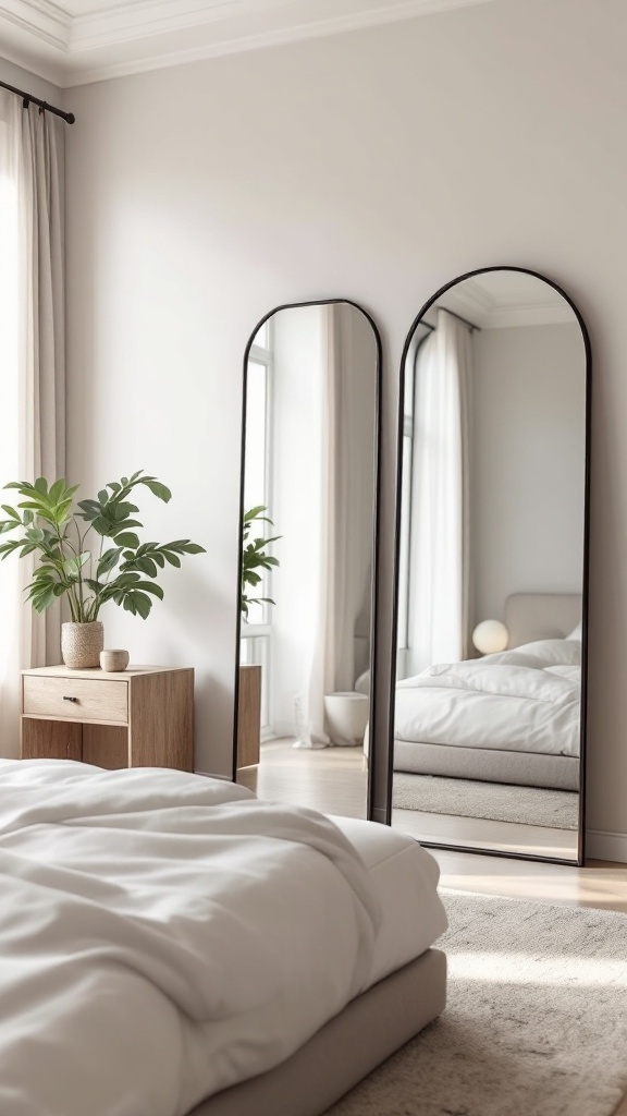 A stylish bedroom featuring two tall mirrors, a wooden nightstand with a plant and a cozy bed with white bedding.