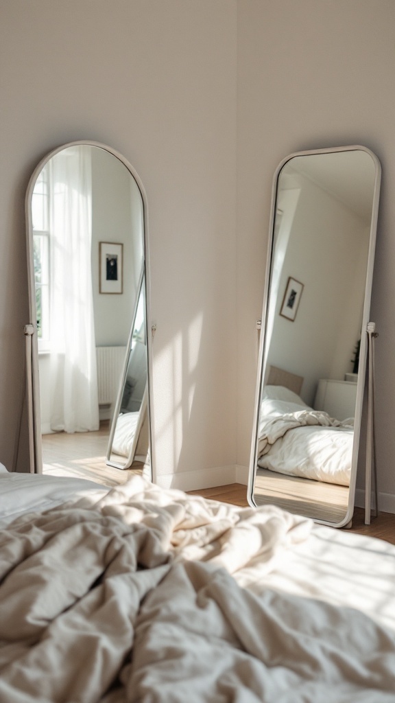 A cozy bedroom with two tall mirrors reflecting light and enhancing the space.
