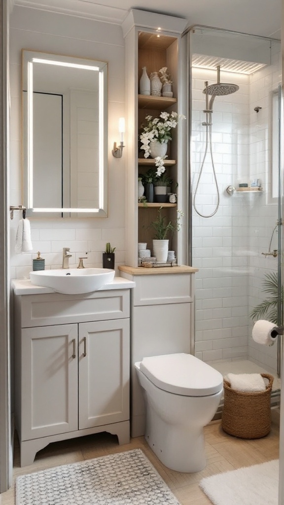 A stylish small bathroom featuring a compact vanity, shower, and decorative shelves.