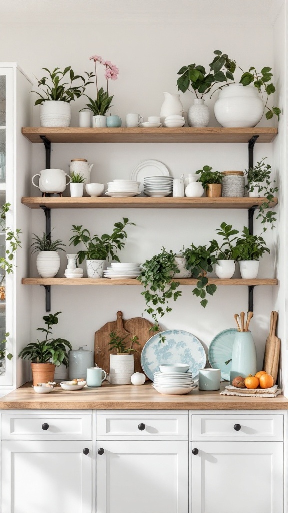 Open shelving in a small kitchen with dishes and plants