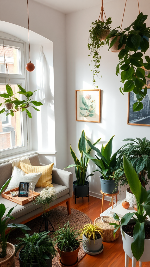 A cozy small living room filled with various indoor plants and a comfortable sofa.