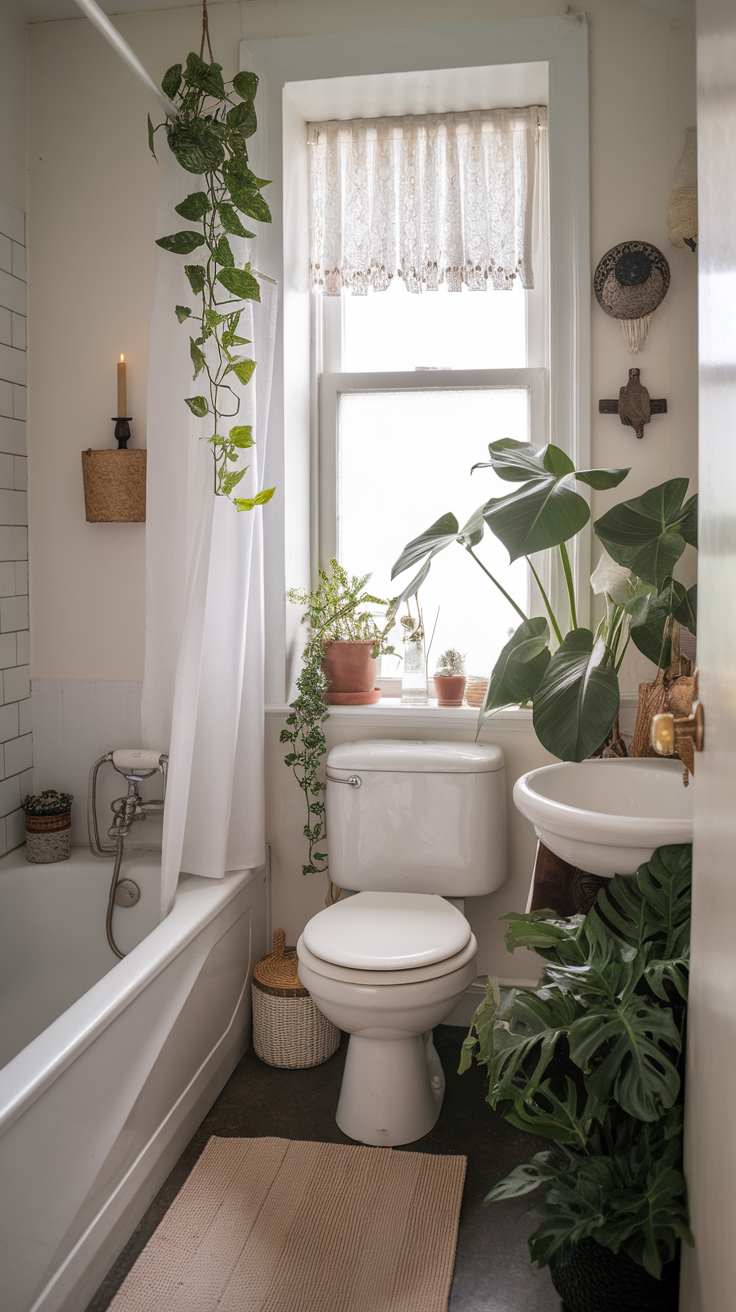 A cozy bathroom filled with various plants, showcasing a bright window, tub, and sink.