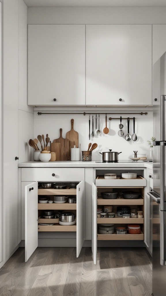 A modern small kitchen featuring pull-out cabinets with organized pots and pans.