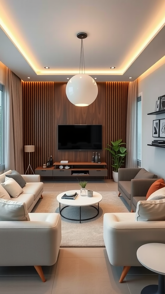 A stylish small living room featuring smart technology.