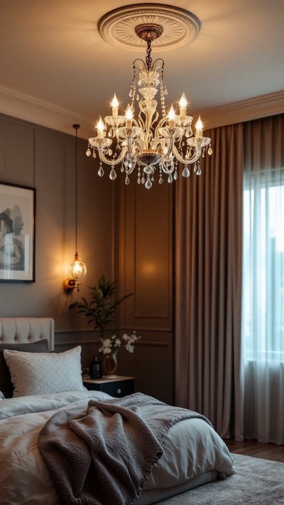 A stylish bedroom featuring a beautiful chandelier and cozy decor.