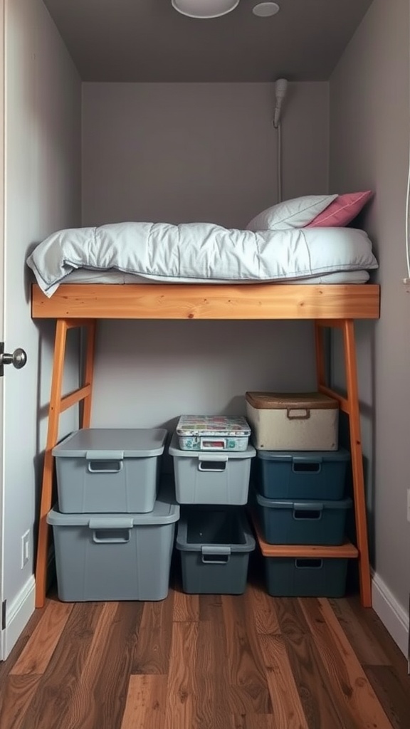 A small bedroom with a lofted bed and storage bins underneath.