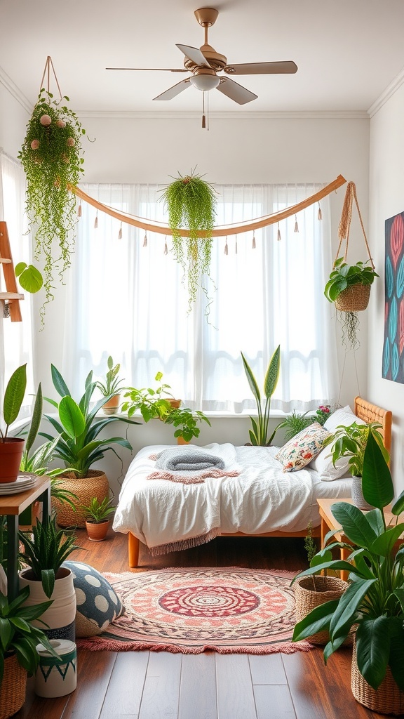 A cozy boho bedroom filled with various indoor plants, featuring a bed, a woven rug, and hanging planters.