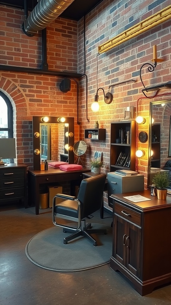 A stylish dressing room featuring exposed brick walls, a large mirror with lights, and modern furniture.