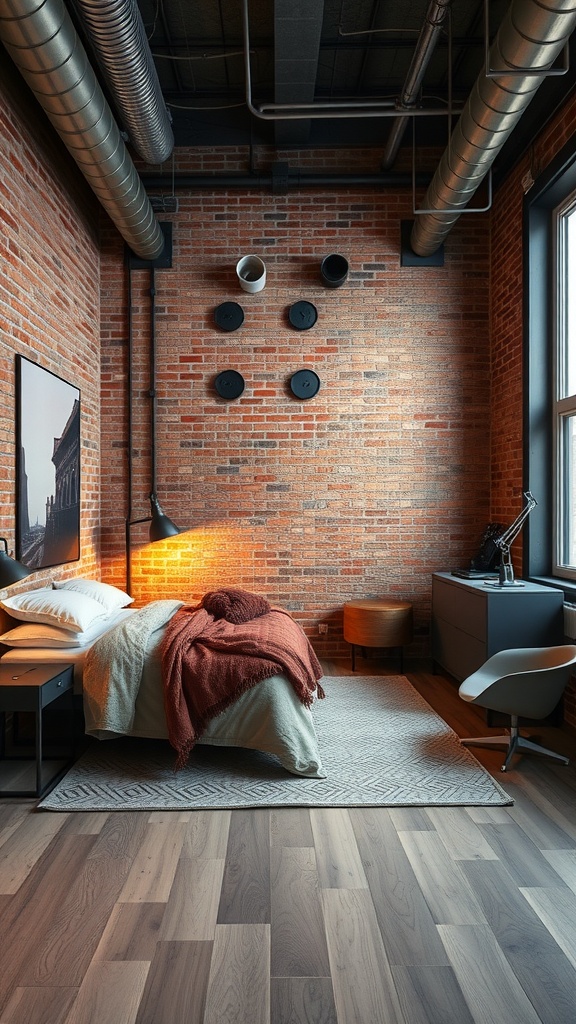 A cozy industrial chic bedroom featuring exposed brick walls, metal pipes, and modern furnishings.