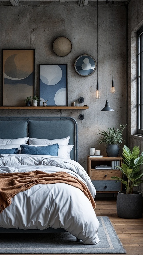 A stylish industrial chic bedroom featuring steel blue elements, a concrete wall, and modern decor.