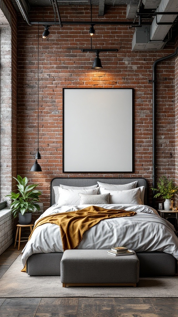 A cozy industrial style bedroom featuring exposed brick walls, a simple bed, and plants.