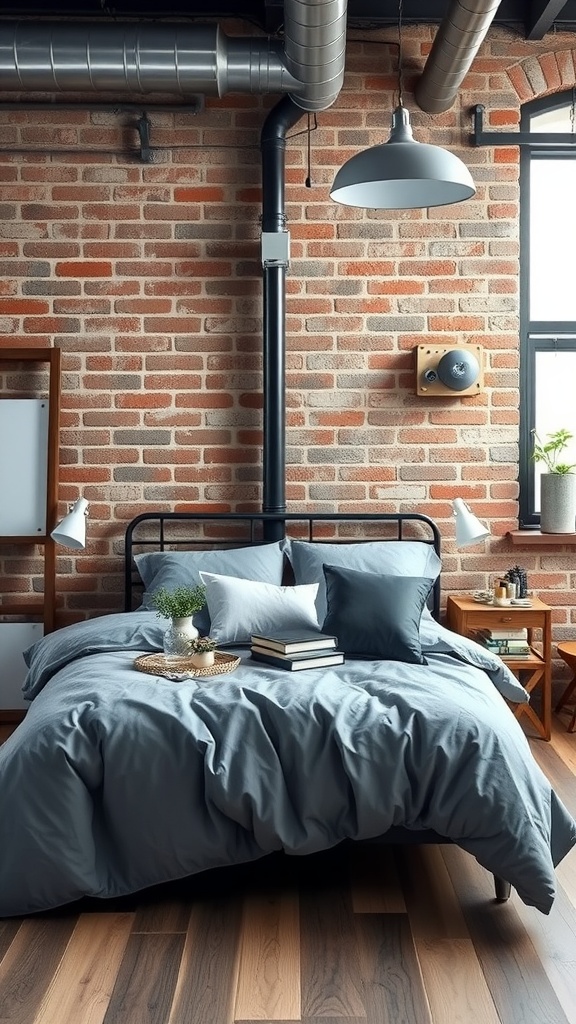 An industrial loft bedroom featuring grey bedding, exposed brick walls, and metal accents.