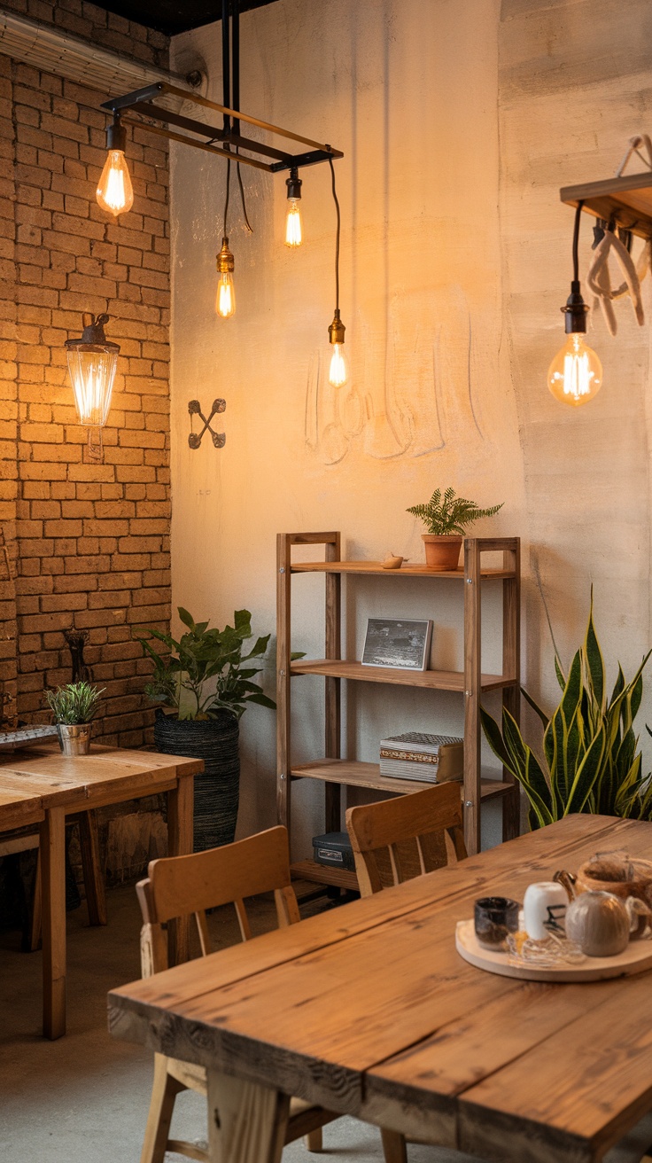 A cozy modern rustic bedroom featuring an industrial style with wooden furniture, exposed brick wall, and pendant lighting.