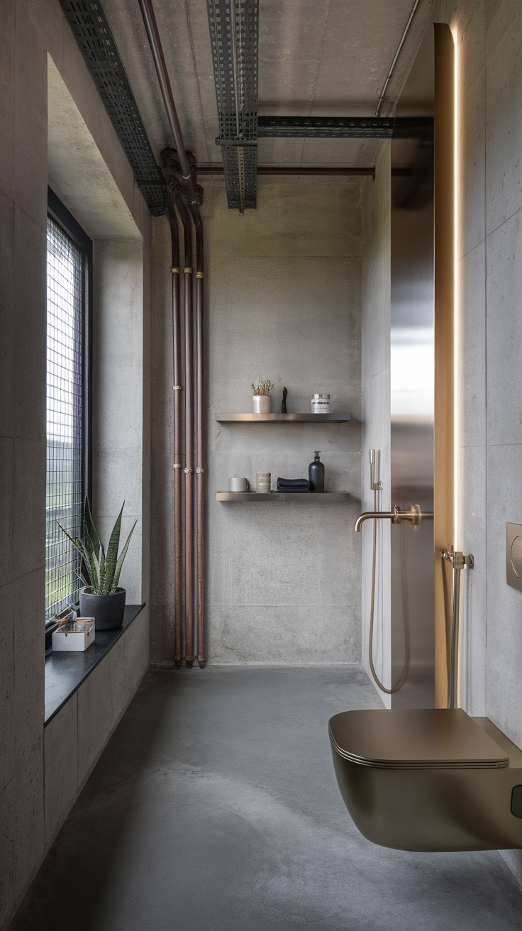 A modern industrial bathroom featuring concrete walls, metallic accents, and a large window.