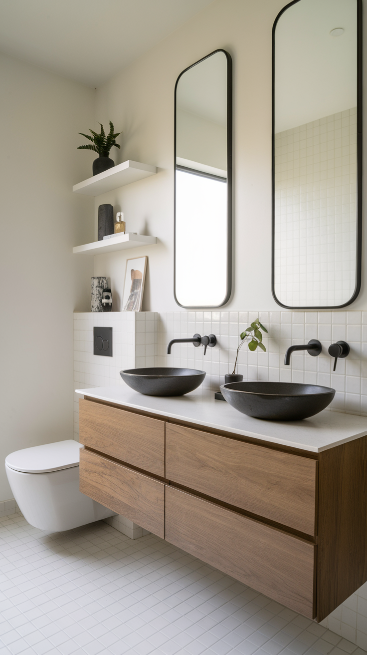 Modern bathroom with a floating vanity and two round mirrors.