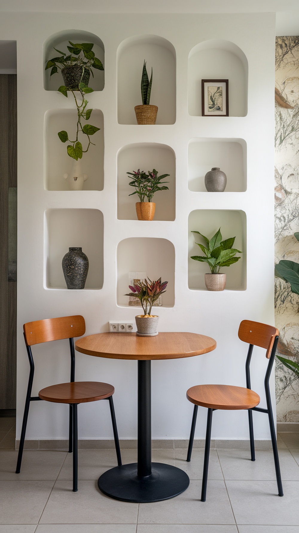Cozy small dining area with integrated shelving and plants