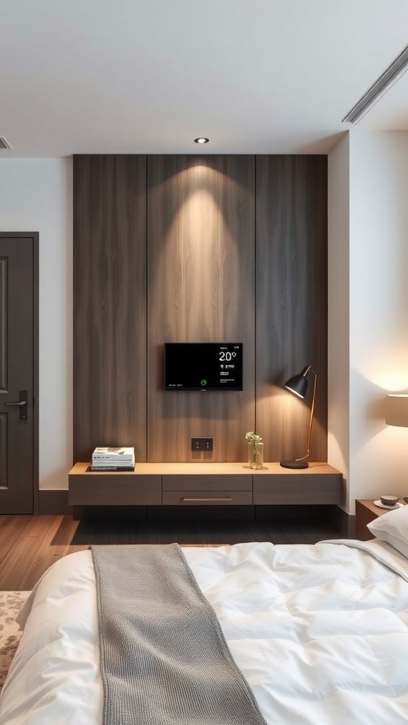 Modern bedroom featuring integrated smart home technologies with a wall-mounted TV and stylish lighting.