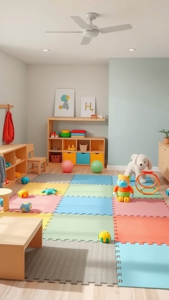 A bright nursery room with colorful play mats, toys, and furniture for children.