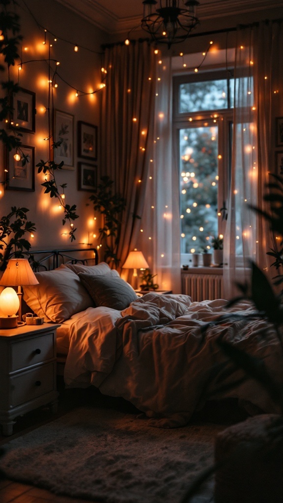Cozy bedroom with soft lighting, fairy lights, and plants