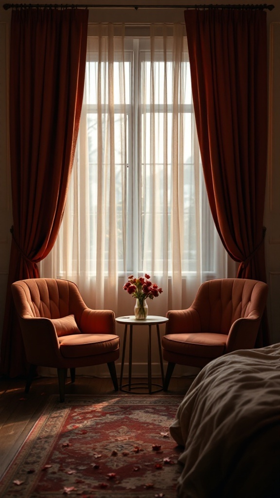 Cozy intimate seating area with two chairs and a small table, decorated with flowers, near a window with sheer curtains.
