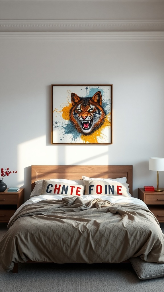 A bedroom featuring bold statement wall art of a tiger, with a cozy bed and warm decor.