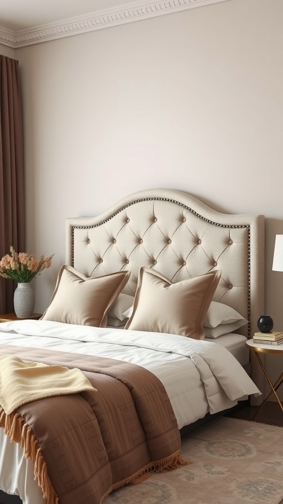 A beautifully designed bedroom featuring a tufted beige headboard, plush pillows, and warm bedding.