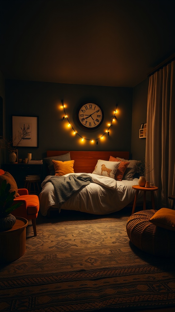Cozy bedroom with string lights, dark walls, and warm textures