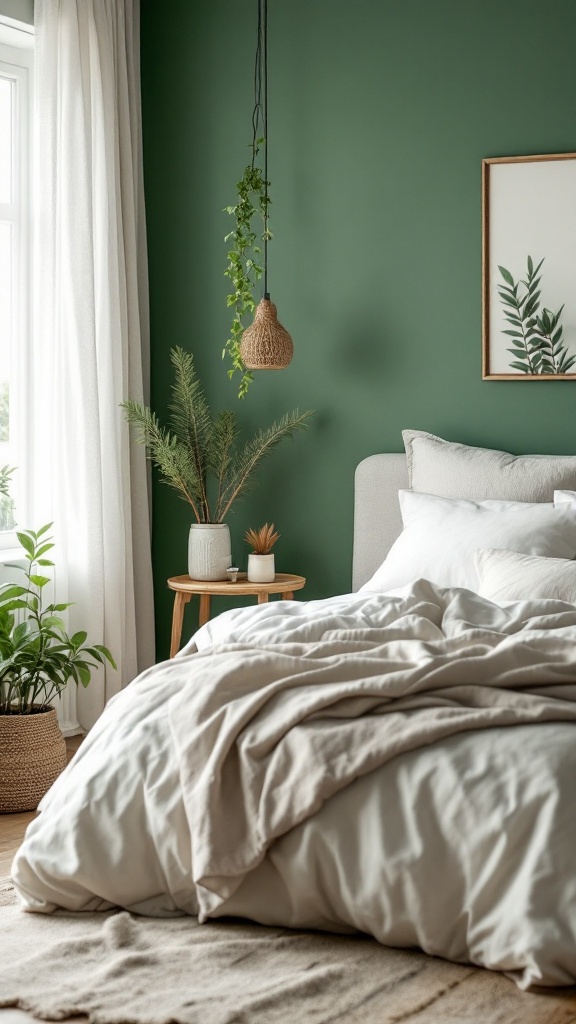 A cozy green bedroom featuring a bed with soft linens, hanging plants, and decorative elements.