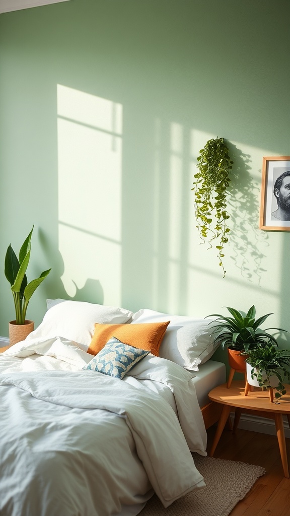 A cozy green bedroom with plants and colorful cushions on the bed.