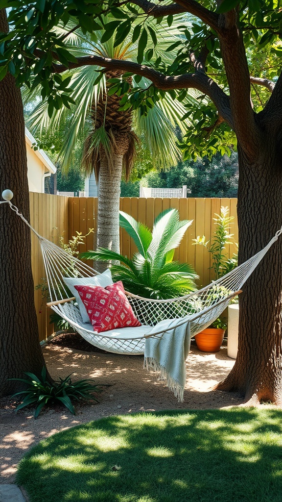 A peaceful backyard nook featuring a hammock between two trees, surrounded by greenery and colorful pillows.