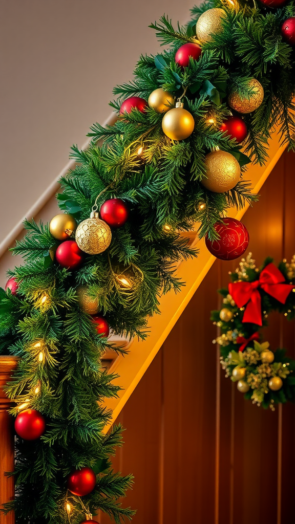 A beautifully decorated garland with red and gold ornaments and lights, draped over a banister.