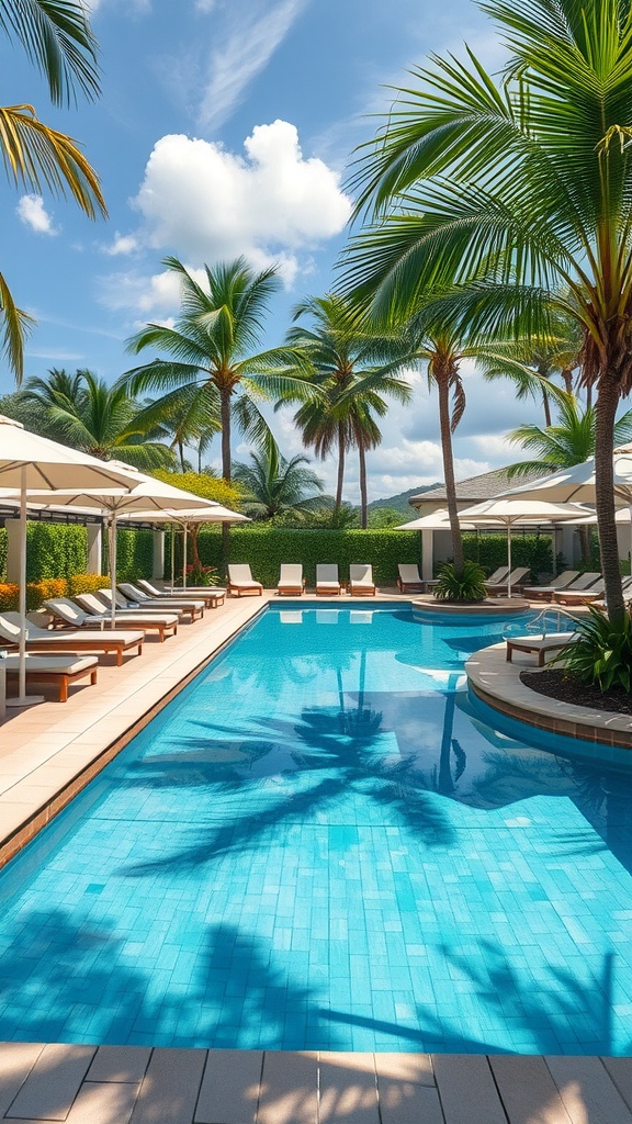A beautiful pool area with palm trees and lounge chairs, creating a relaxing outdoor atmosphere.