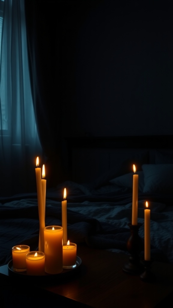 A cozy dark bedroom with several lit scented candles on a table, casting a warm glow.