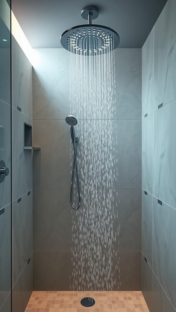 Modern spa shower with rain showerhead and soft lighting