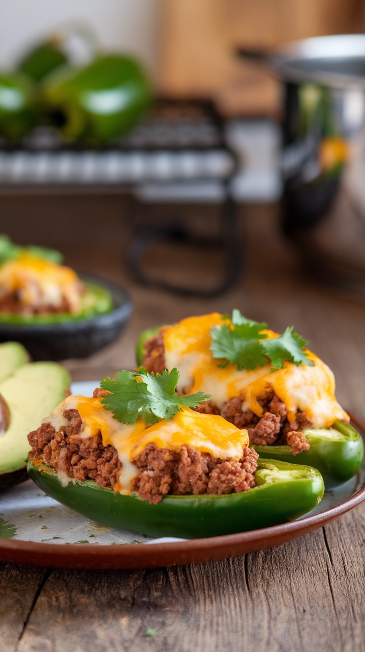 Two jalapeño beef-stuffed peppers with melted cheese and cilantro on top