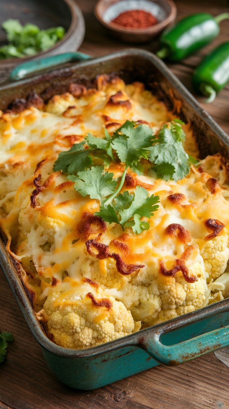 Baked cauliflower topped with melted cheese and jalapeños